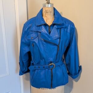 RARE VINTAGE Cobalt Leather Belted Jacket Double Zip Dolman Sleeve Snatch Waist